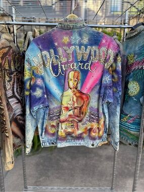 1987 Tony Alamo HOLLYWOOD AWARD Hand Painted Bedazzled Denim Jacket Size Large